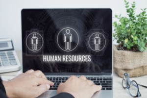 Man working on a laptop that shows human resources on the screen