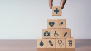 wooden block with icon healthcare medical