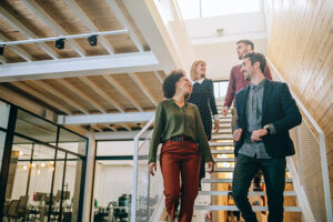 Employees walking on stairs