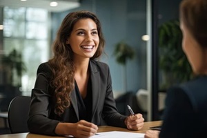 smiling female manager interviewing an applicant in office