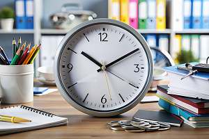 analog clock on a desk with notebooks