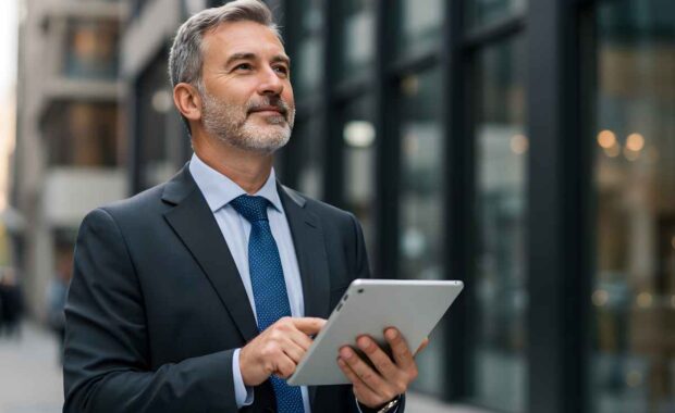 A confident businessman thoughtfully reviewing his digital tablet on a bustling city street, bathed in soft urban light.
