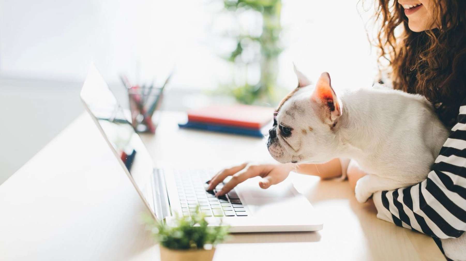 young woman holding a puppy to their laptop